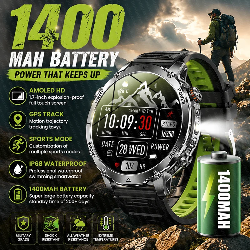 Neue Outdoor-Militär-Smartwatch mit 1400mAh Akkukapazität, GPS-Sportverfolgung, Taschenlampe, IP68 Wasserdicht, HD BT-Anruf-Funktion