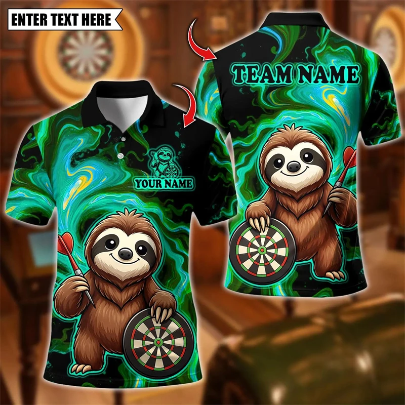 Fashion Sloth Graphic Darts Polo Shirts For Men Personalization Name Team Name 3D Printed Polo Shirt Loose Streetwear Tees Tops