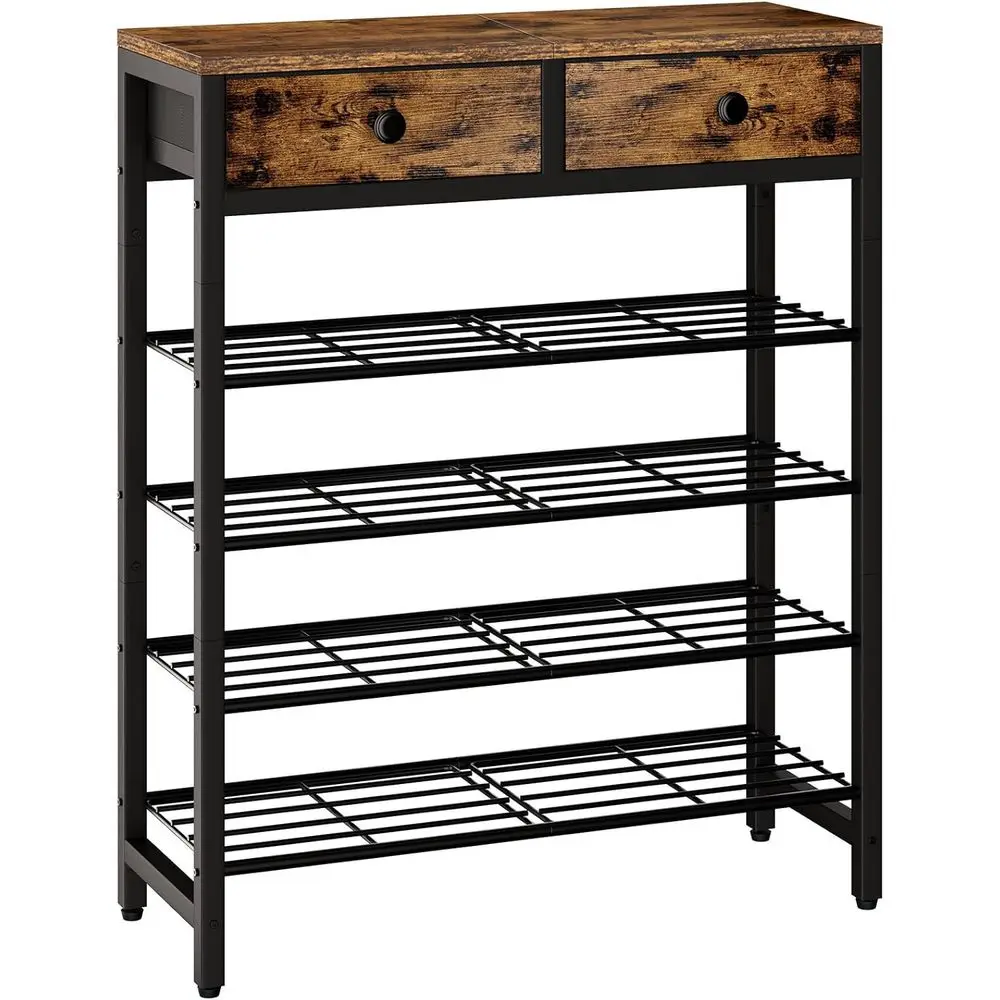 

5-Tier Metal Shoe Rack Organizer for 12-16 Pairs, Double Deck Entryway Storage, Rustic Brown