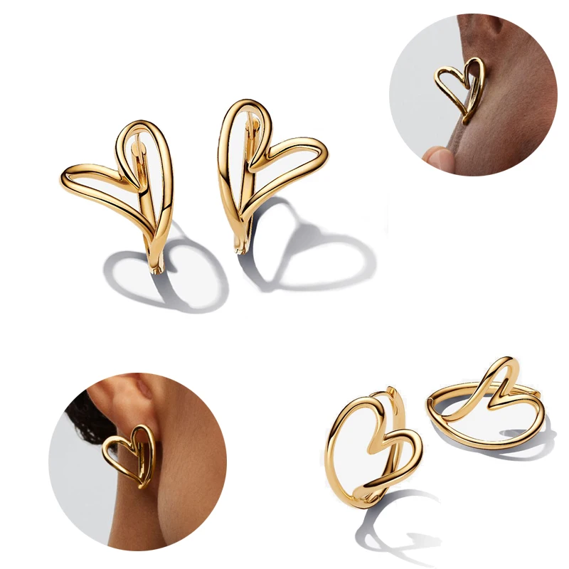 

Latest 925 sterling silver heart-shaped earring ring with golden charm, fashionable and luxurious, suitable for women's jewelry