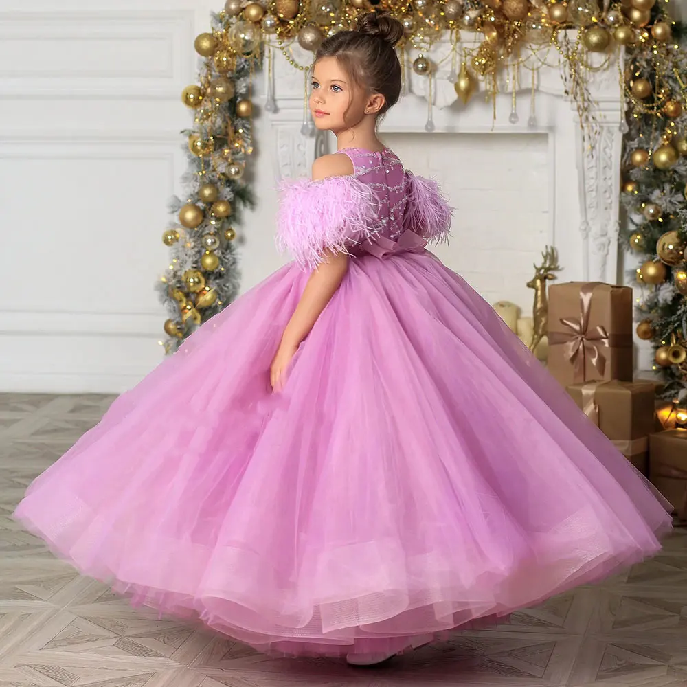 Paillettes Flower Girl Dress For Wedding 2024 Pink Feather Tulle Puffy Ball Gown Kids Birthday First comunione Party Dress