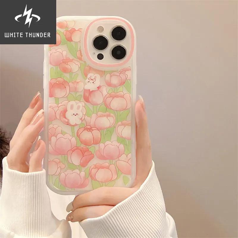 Sweet Fresh Pink Tulip Cute Cartoon Rabbit Silicone Soft Shell For iphone 11 12 13 Mini 14 Pro Max X Xs Xr 7 8 Plus Phone Case