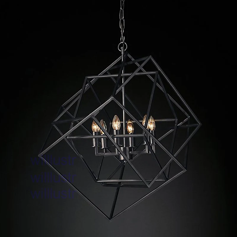 Geometric Metal Frame PENDANT Lamp CAGED CUBIST Hanging Lighting Multifaceted Loft Bar Suspension Ceiling Chandelier