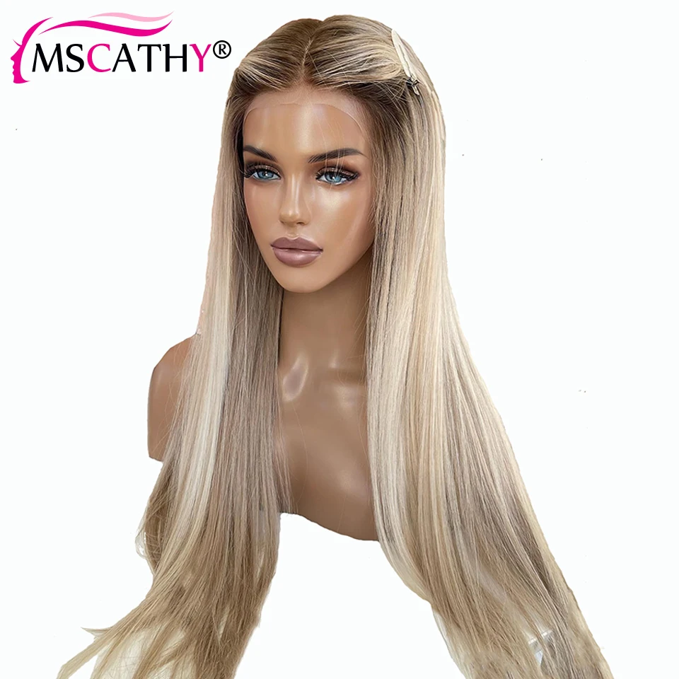 Peluquín de cabello humano sin pegamento, rubio ceniza con ombre, encaje frontal transparente 13x4 y 13x6, liso, densidad 250% 2