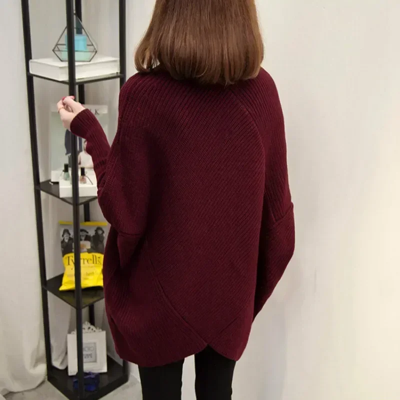 TPJB New Women Autumn Winter Burgundy Oversized Turtleneck Pullover Sweater Batwing Sleeve Knitted Jumpers Irregular Length