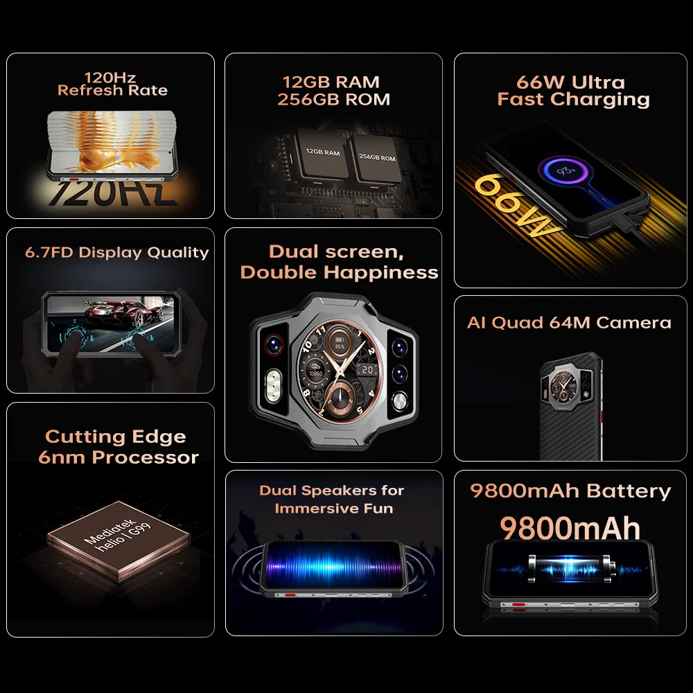 Oukitel WP21 12GB 256GB Rugged Smartphone Dual Screen G99 6nm 66W Fast Charging Mobile Phone 6.78 FHD+ 120Hz 64MP Cellphones