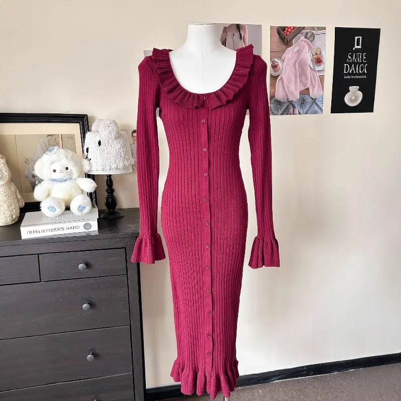 Zimowa Sukienka z Falbankami i Rękawami w Kształcie Rogów, Nowa Moda, Seksowna Sukienka Swetrowa typu Rybka z Podkreśloną Talia dla Kobiet