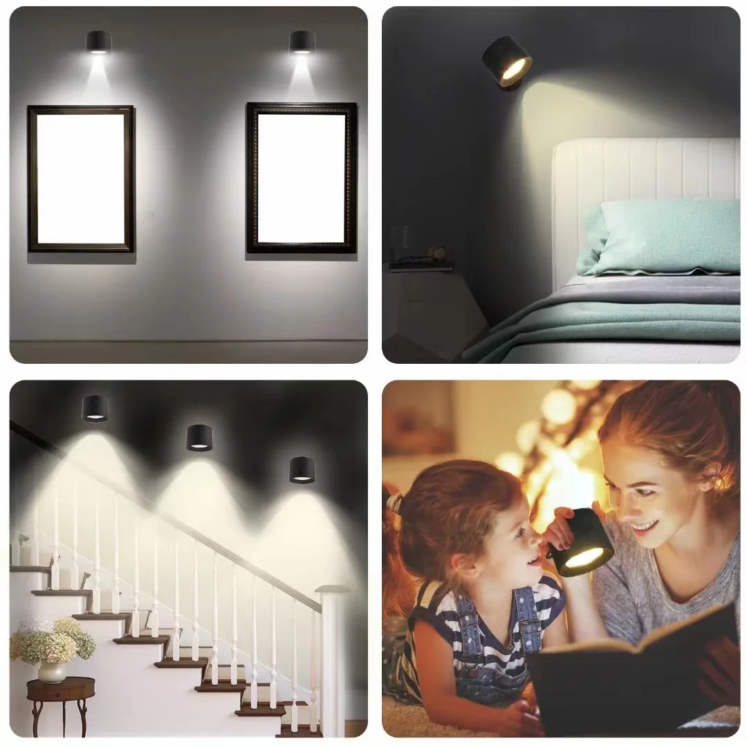 Applique Murale LED Sans Fil Rechargeable à Distance pour Chambre à Coucher, Lumière Chaude, Rotation à 360 °, 3 Couleurs