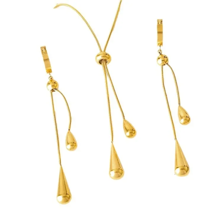 

Stainless Steel Geometric Teardrop Tassel Necklace Earrings for Women New Party Gift Gold Color Waterproof Jewelry