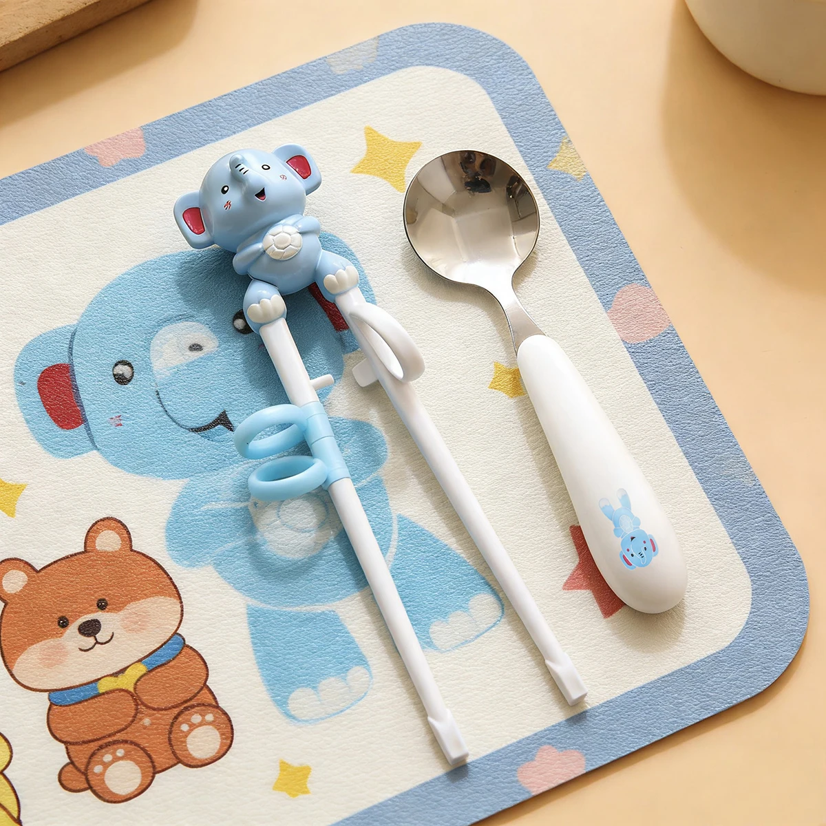 2Pcs Toddler Utensils Set, Cartoon Animal Kids Chopsticks Spoon, 304 Stainless Steel with Plastic Handle, Dishwasher Safe
