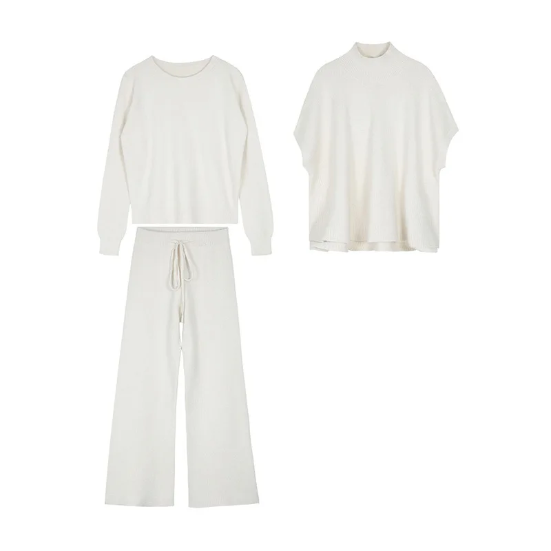 Autumn/Winter New Three Piece Set Women's Knitted Wide Leg Pants+Half High Collar Top+Tank Top Versatile Casual Set