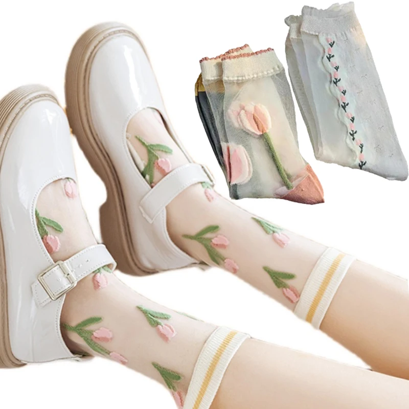 

1Pairs Japanese Korea Fashion Harajuku Women Summer Cool Creative Floral Transparent Silk Trend Print Ultrathin Glass Silk Socks