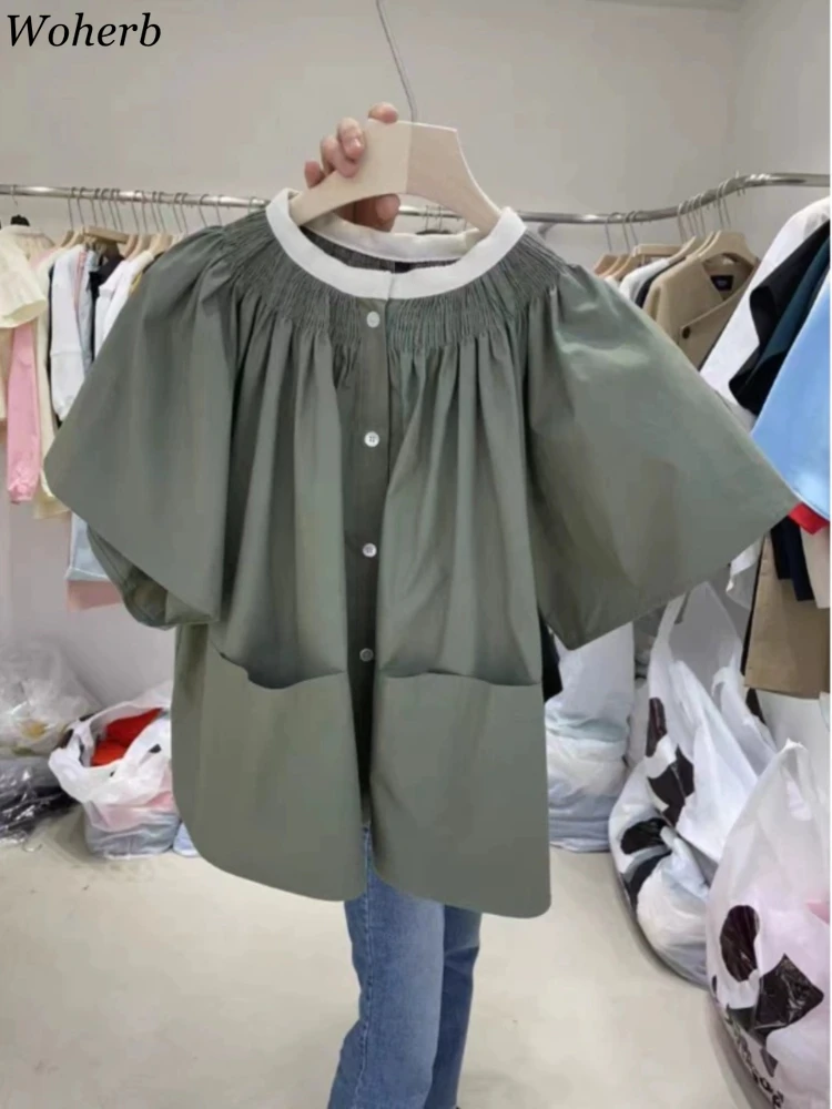 Contrast Color Blouse for Women Ruffle Sleeve Loose Shirts 2024 Blusas Mujer De Moda Korean Single Breasted Vintage Blouses Tops