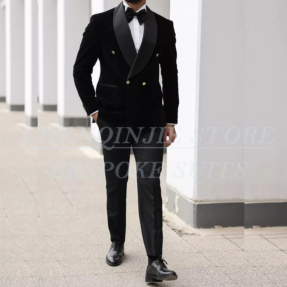 Формальные черные костюмы для мужчин, модные двубортные шаль с лацканами, приталенная мужская одежда, свадебные наряды высокого качества Terno 2025