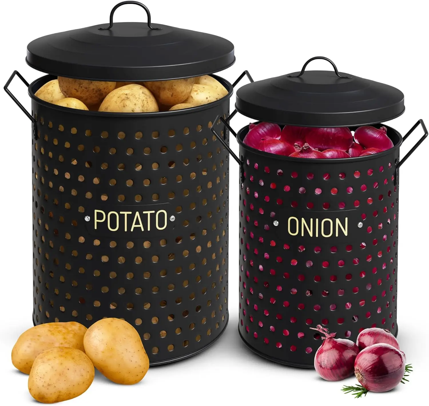 

Set of 2 Potato and Onion Storage Bin - Matte Black Finish and Galvanized Kitchen Storage Bins - 10 x 12 Potato Keeper Storage