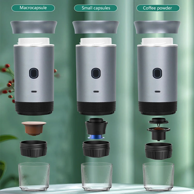 ماكينة الإسبريسو أثناء التنقل: لاسلكية، مدمجة، مثالية للسيارة والتخييم والمنزل، تعمل مع كبسولات 3 في 1