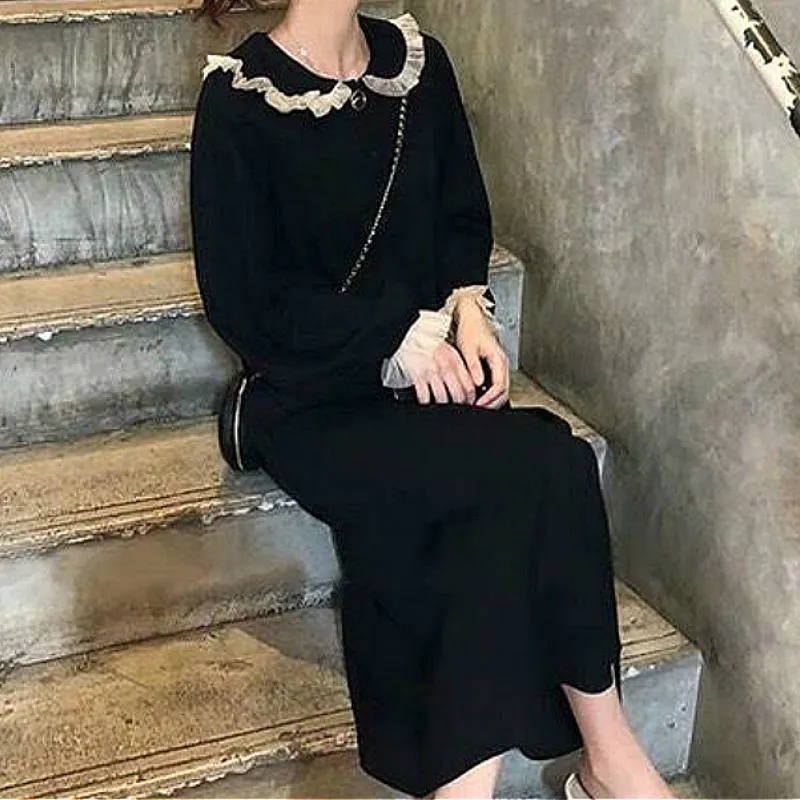 

Vintage Women Peter Pan Collar Black Dress Elegant Patchwork Long Sleeve A-line Female Fashion Pleated Dresses Solid Streetwear