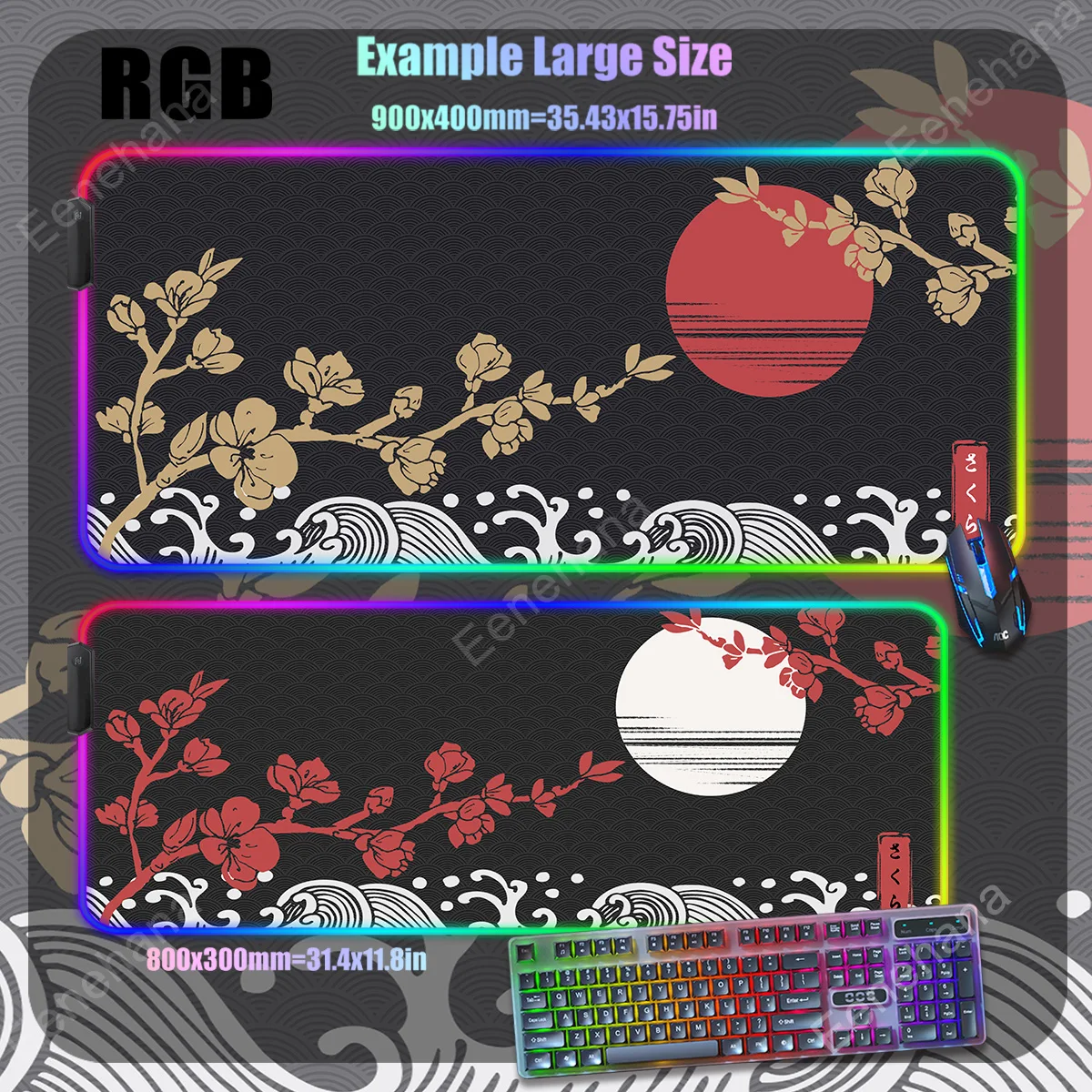 RGB Gaming Mousepad Sakura Japanese mat Fujiyama Mouse Pad Backlit LED Large Gamer Desk Pad XXL Keyboard Pads Luminous Desk Mat