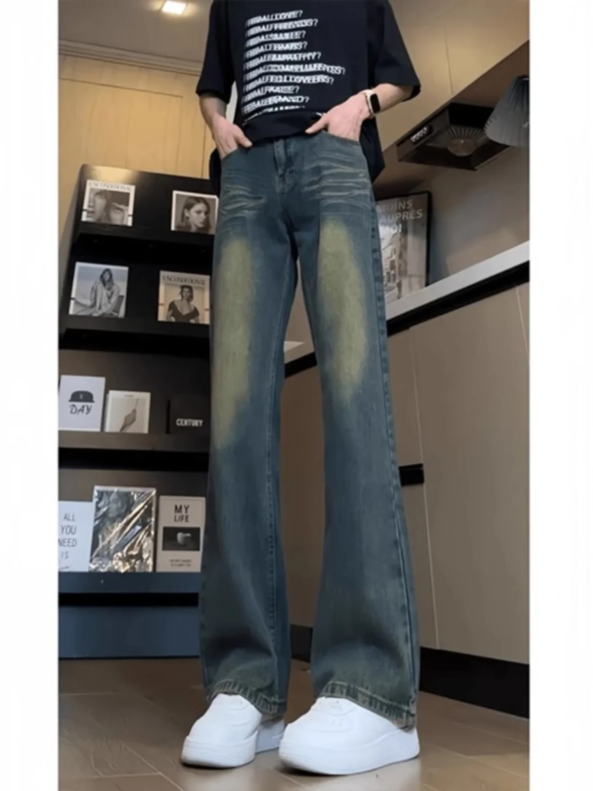 

Retro American Waed Blue Men's Jeans Fall 2024 New Sle OOTD High-End Feeling Straight Leg Micro Flared Pants Casual Youth