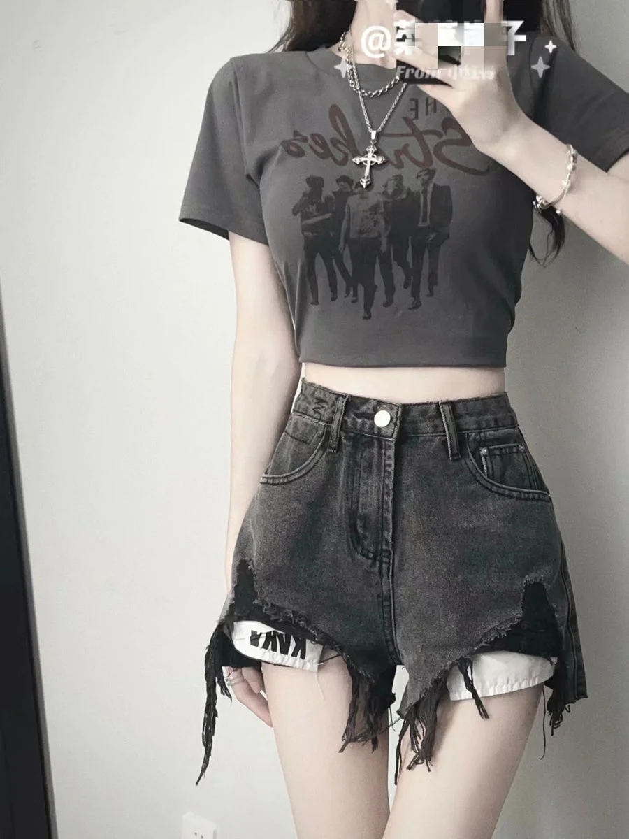 Pantalones cortos para mujer y niña, grupo elegante, línea A, cintura alta, cremallera, cadena de retales, remache de Metal, bloque de Color, cordones, tendencia urbana, escenario