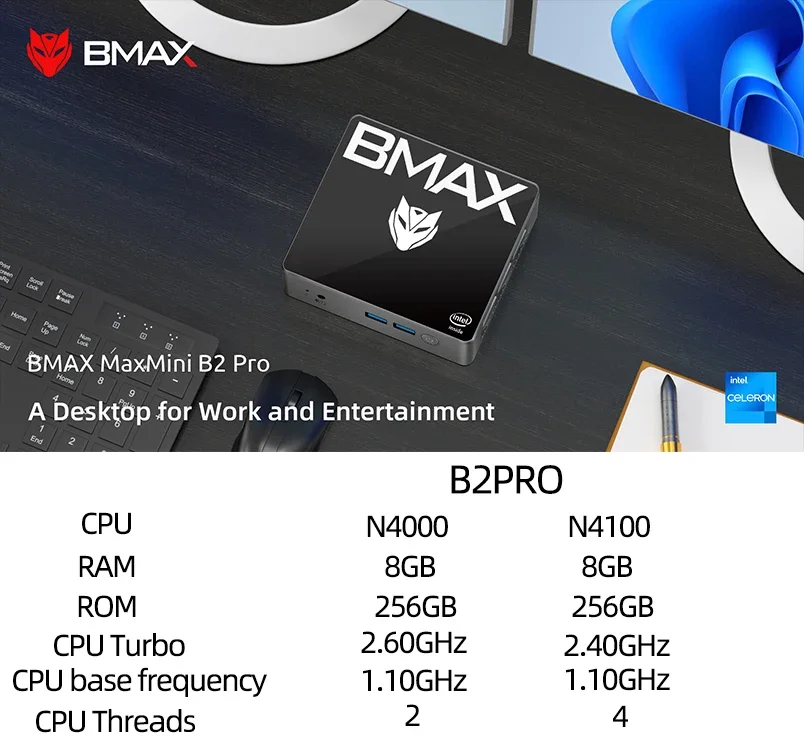 BMAX-B2 Pro Mini PC, Windows 11, Tout En Un, HDMI, Intel N4000, N4100, 8 Go De RAM, 256 Go SSD, Intel UHD Fouling 600