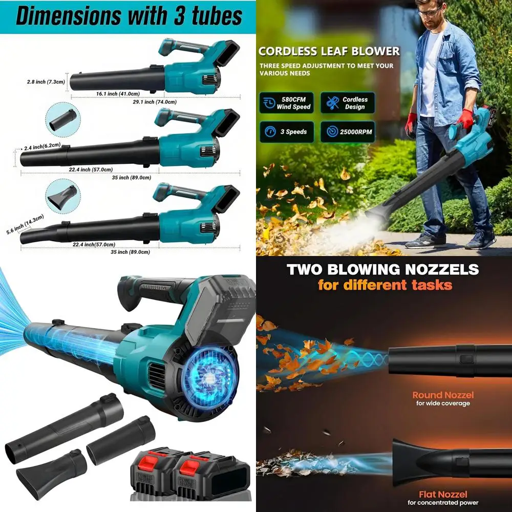

580W 190MPH Electric Leaf Blower with 2 Batteries and 3 Nozzles, 25000 RPM Lightweight for Patio and Lawn Care