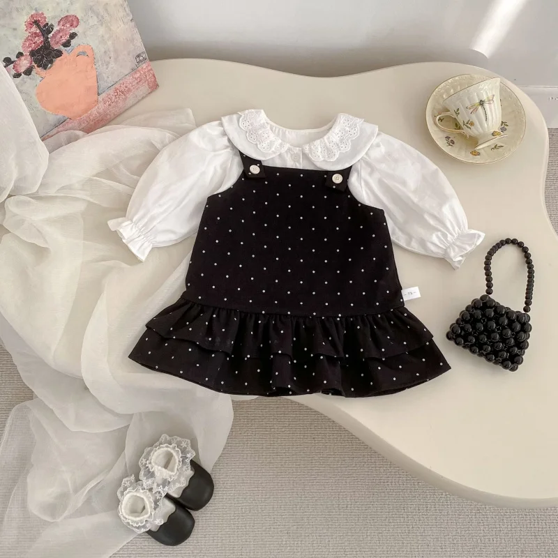 

2026Spring baby girl outfit: stylish doll collar shirt and polka dot ruffle suspender dress two-piece set