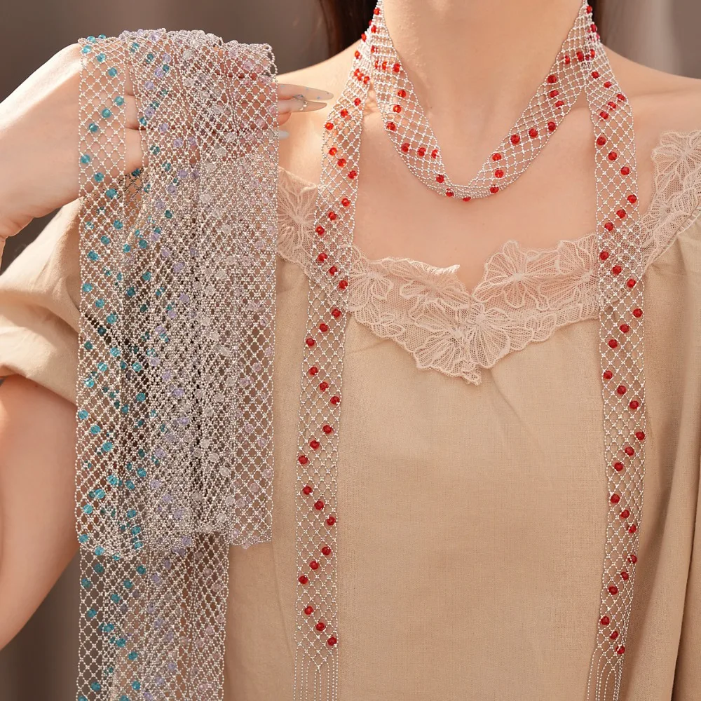 Exquisite Luxury Silver Tone Openwork Mesh Glass Bead Long Necklace for Women Tourist Souvenir Festival Celebration Jewelry Gift