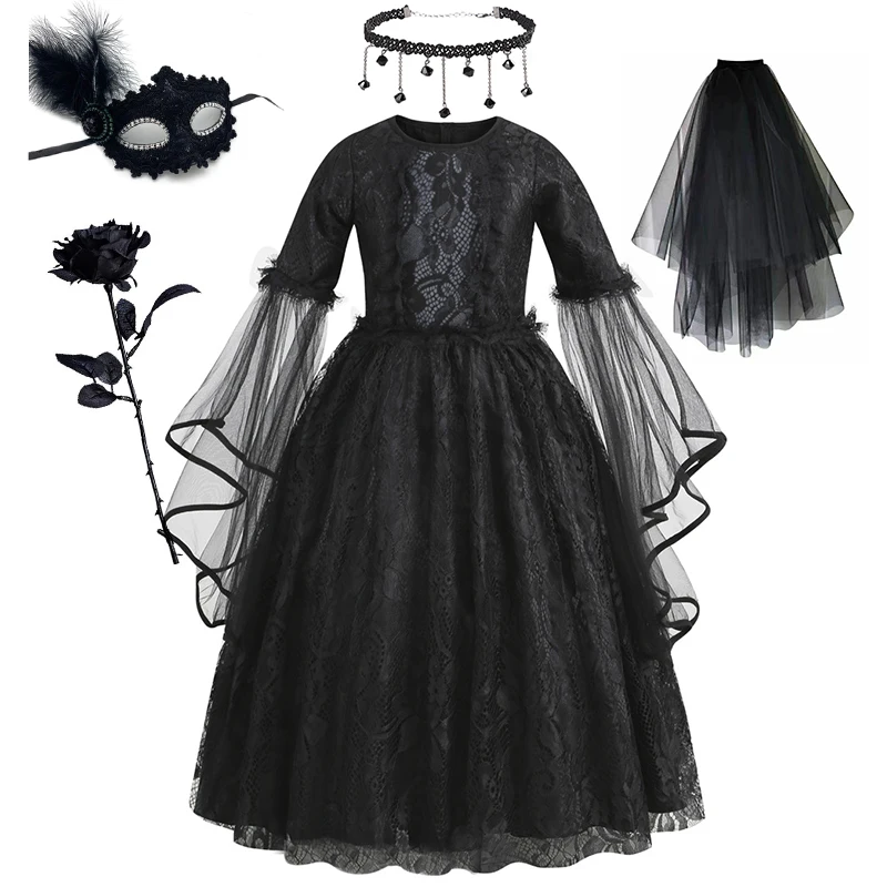 

Children Halloween Ghost Bride Cosplay Costume Kids Black Gothic Cosplay Dress Girls Evil Witch Dress Up Outfits Elegant Gown