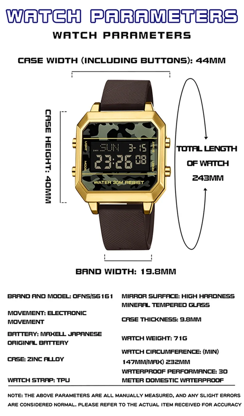 Ofns 6161นาฬิกาผู้ชายดิจิตอลอิเล็กทรอนิกส์ใหม่, นาฬิกาทหารสปอร์ตไฟ LED สุดหรูกันน้ำ2024