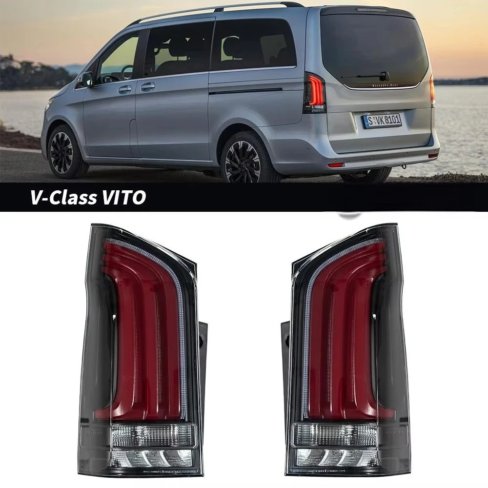 

Светодиодные задние фонари с динамической анимацией сигналов поворота, стоп-сигналом и фонарем заднего хода для Mercedes-Benz Vito W447 2014-2021 годов выпуска.