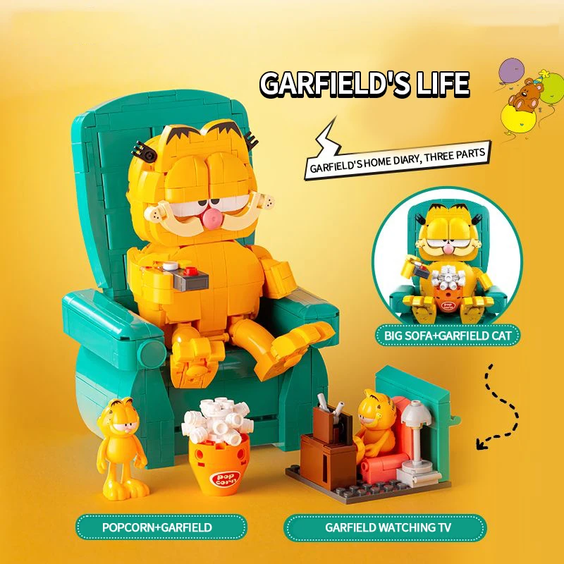 Garfield Building Blocks Sitting Garfield Sofa Bricks Set With Mini Figures Classic Anime Scene Model Kids Educational DIY Toys