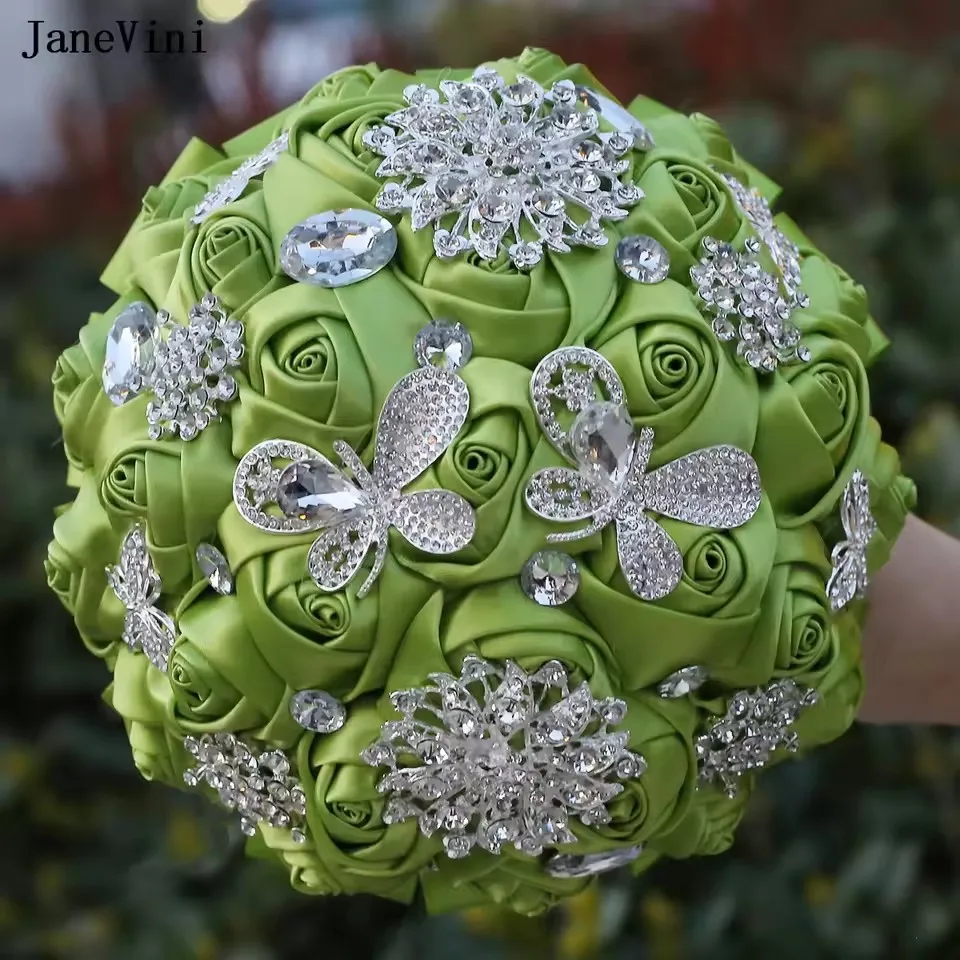 

JaneVini Light Green Bridal Wedding Bouquet Beaded Crystal Satin Roses Luxury Bride Bridesmaid Holding Flowers Novia Accesorios