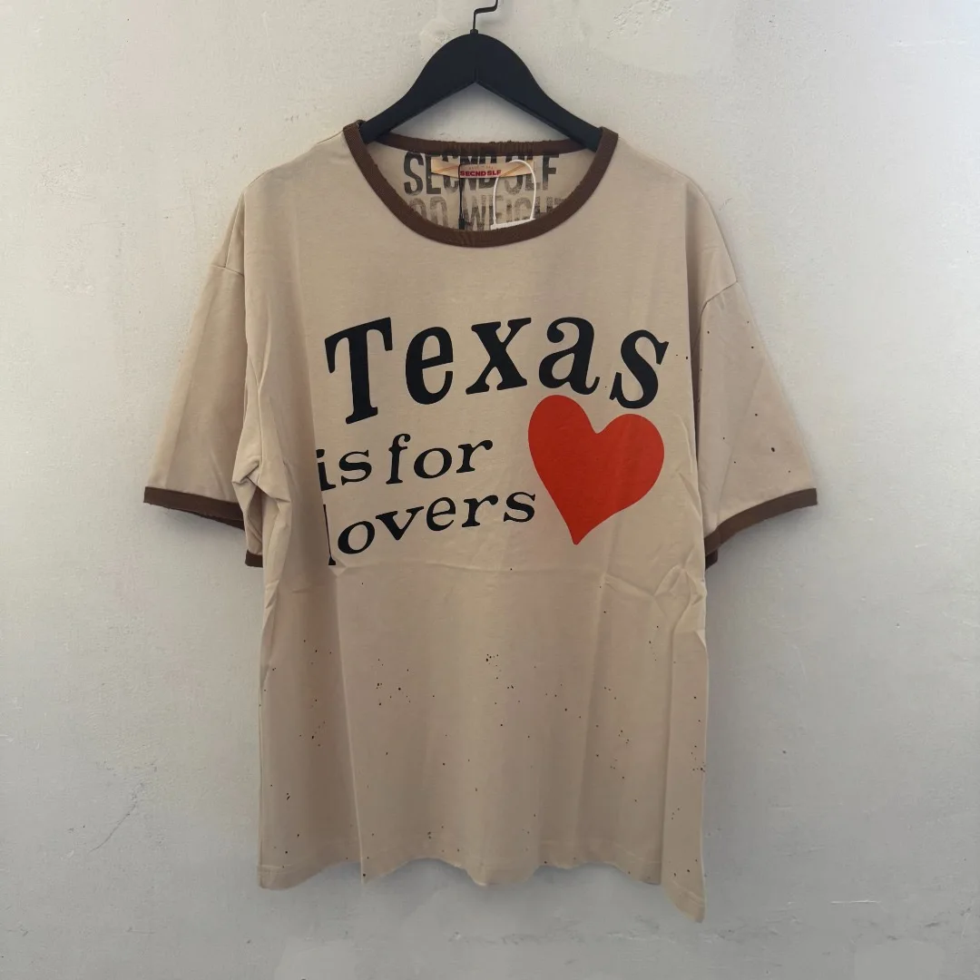 SECND SLF Texas Orange Red Heart Vintage Inkjet Love Letter Short Sleeve T Shirt Men Women High Quality Tee Tops T-Shirt