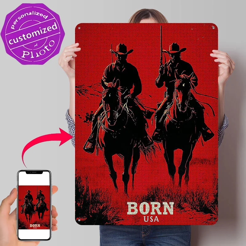 Two Cowboys Riding Horses 3D Printed Texture Poster Personalized Wall Art Retro Metal Tin Signs for Decor Living Room Wand Deko