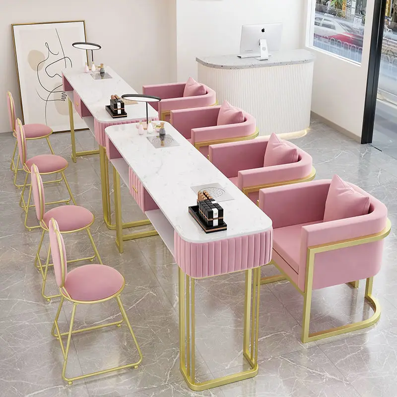*Professional Equipment Pink Manicure Desk Client Table Nail Beauty Salon Furniture Double Table for Manicure
