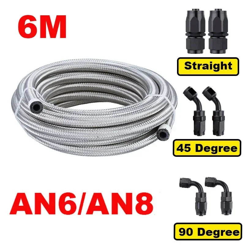 20FT 6M AN6 AN8 Stainless Steel Braided CPE Rubber Car Fuel Hose Line 0/45/90 Degree Hose End Fitting Adapters Hose Line Kit