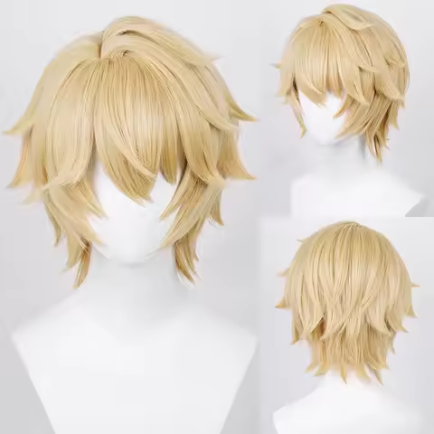 Synthetic Blonde Short Straight Wig with Bangs Anime Game Cosplay Fluffy Men Heat Resistant Wig for Party