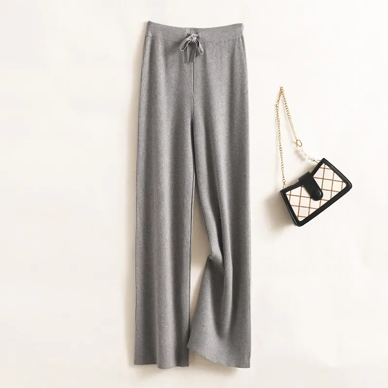 Korean Version of Solid Color High-waisted Knitted Wide-leg Pants,Autumn and Winter Casual High Elastic Straight Leg Pants Women