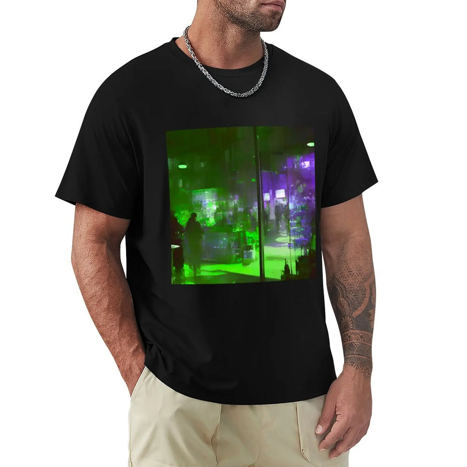 Enchanted Urban Oasis: Green and Purple Street Scene Pattern T-Shirt man t shirts graphic T-Shirt