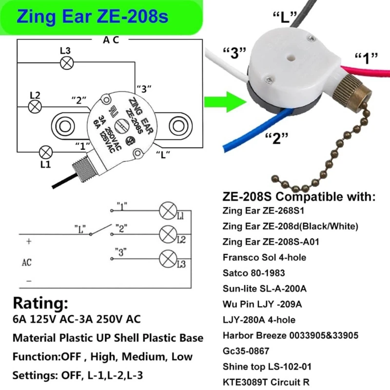 Reliable Ceiling Fan Switchs 3 Speed 4 Wire ZE-208s Zings Ear Fan Pull Chain Switchs with 4 Pre-Installed Wires for Office House