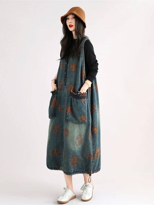 Retro Floral Sleeveless Denim Vest Dress Women's Loose plus Size Slimming Midi Print Dress Autumn 2026 Citywalk Straight Cut
