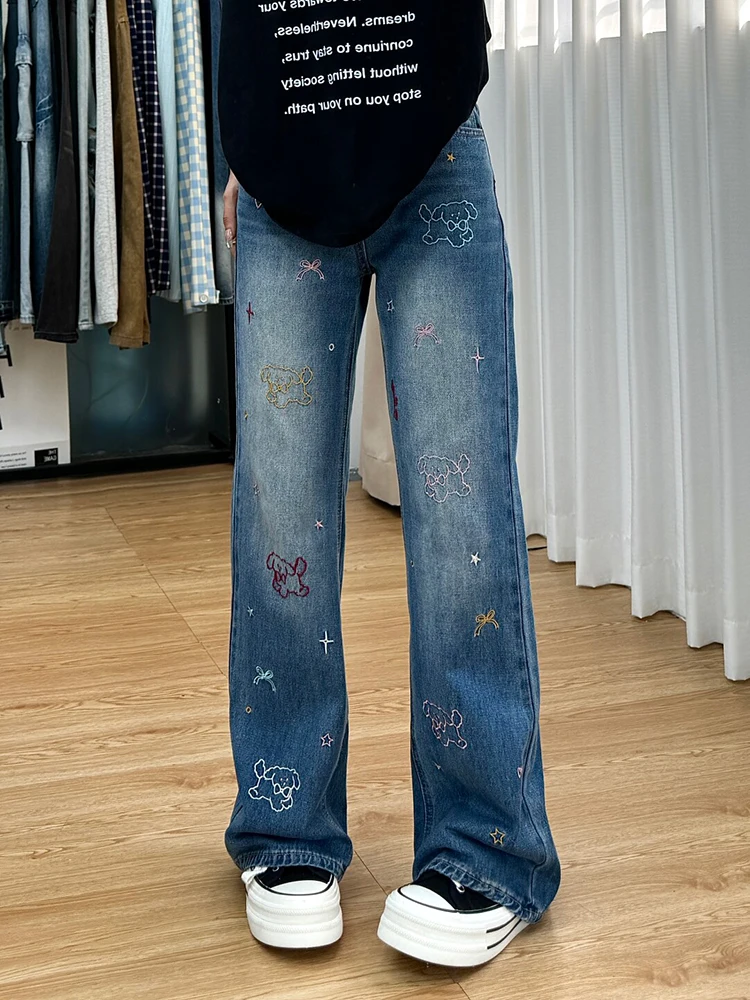 

Американские джинсы с высокой талией, вышивкой и принтом, женские, весна-осень, приталенные, прямые, широкие, с легким расклешением...