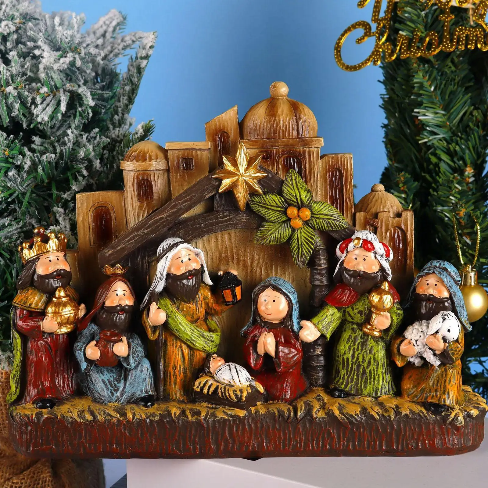 

Lighted Christmas Nativity Scene Miniature Xmas Sculpture Hand Painted Birth of