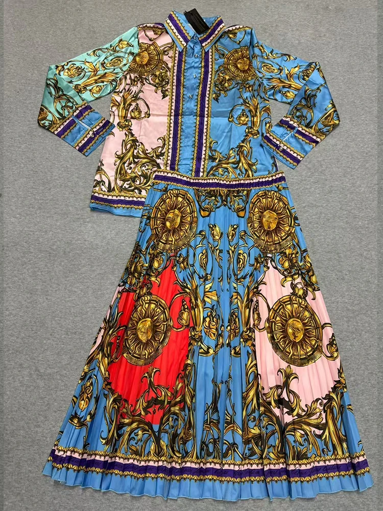 Zweiteiliges Designer-Hemd mit Retro-geometrischem Druck, Revers und geradem Bein für Damen im Herbst 2025, Set mit lockerem Faltenrock