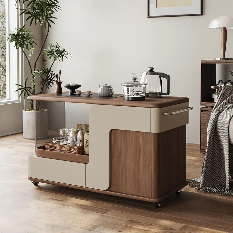 Multifunctional movable tea cart, antique household living room, boiling water and making tea, integrated tea table