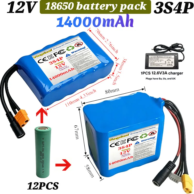 12V 3S4P 18650 14000mAh lithium ion battery with BMS high power remote control fishing bait boat battery 400W motorcycle light
