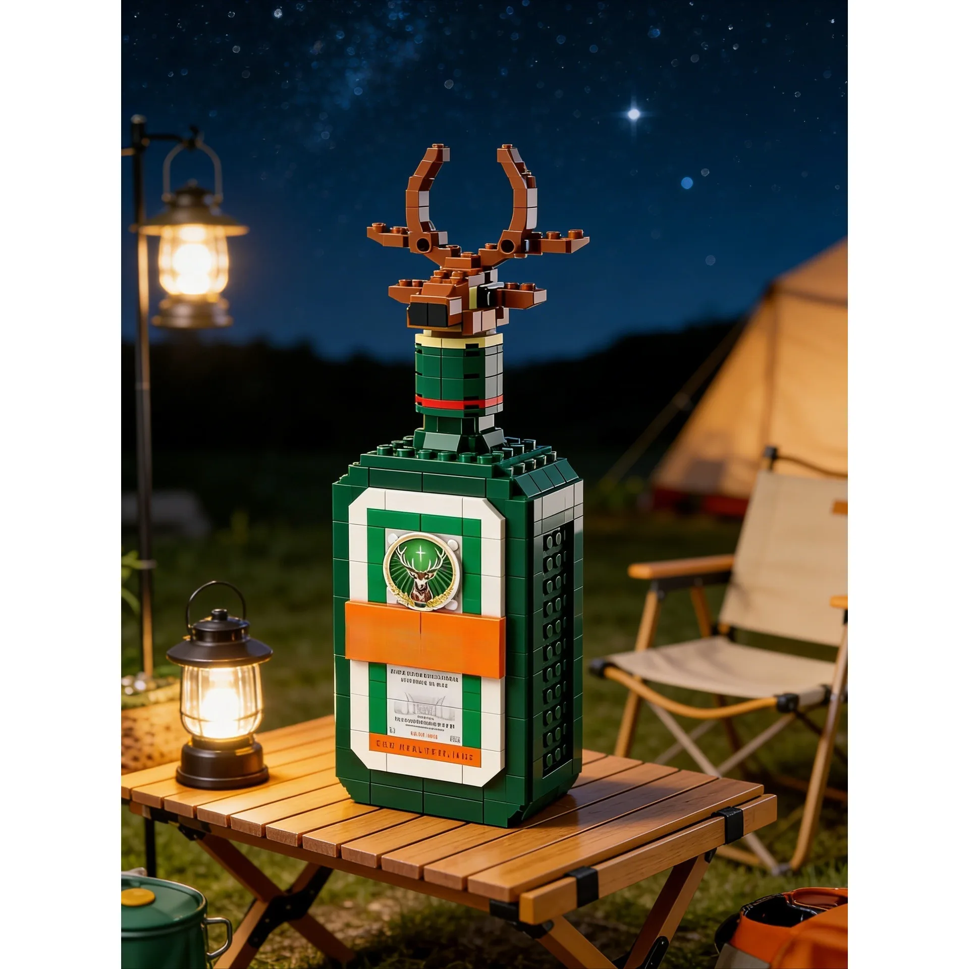 Liquor Bottle Building Blocks Set with Stag Head Model, Adult Bar Decor, Collectible Bricks Kit