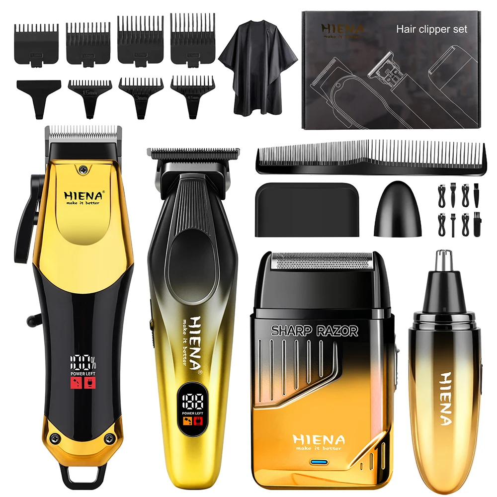 HIENA 4 In 1 Men Hair Grooming Kit Rechargeable Hair Clipper Beard Trimmer Electric Shaver Nose Hair Trimmer Barber Set