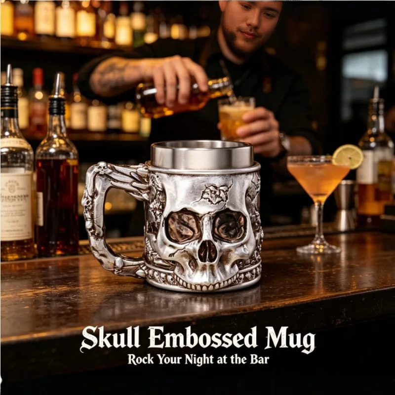 3D Embossed Skull Resin Mug Stainless Steel Liner Vintage Silver Bone  Beer Cup Gothic Bar Whiskey Wine Drinkware Halloween